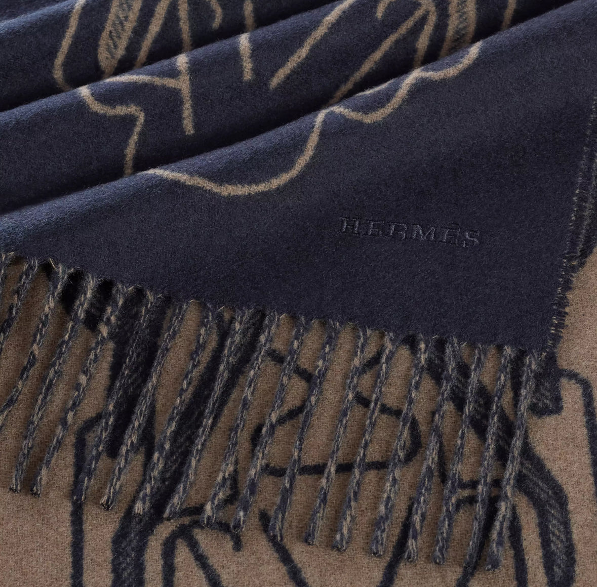 Hermes Tete-a-Tete Equestre scarf Bleu Marine / Étoupe
