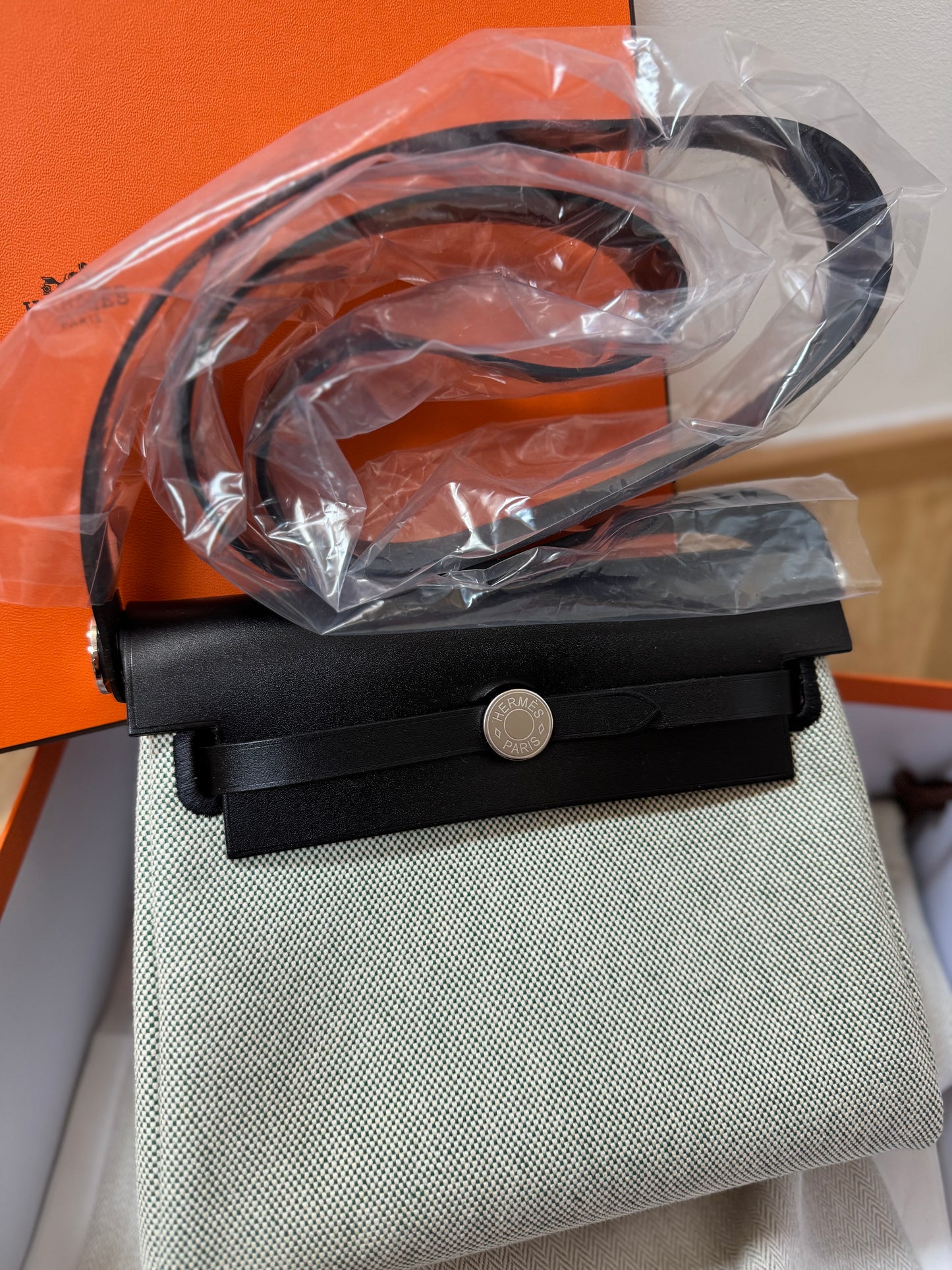 Hermes Mini Herbag 黑色銀扣 白拼中綠色帆布 K stamp