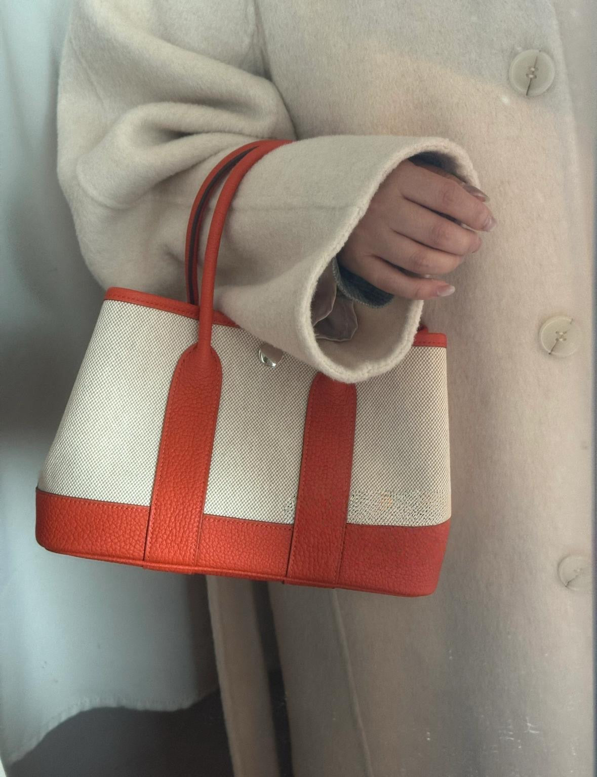 Hermes Mini garden party 橙色拼白色帆布 K stamp