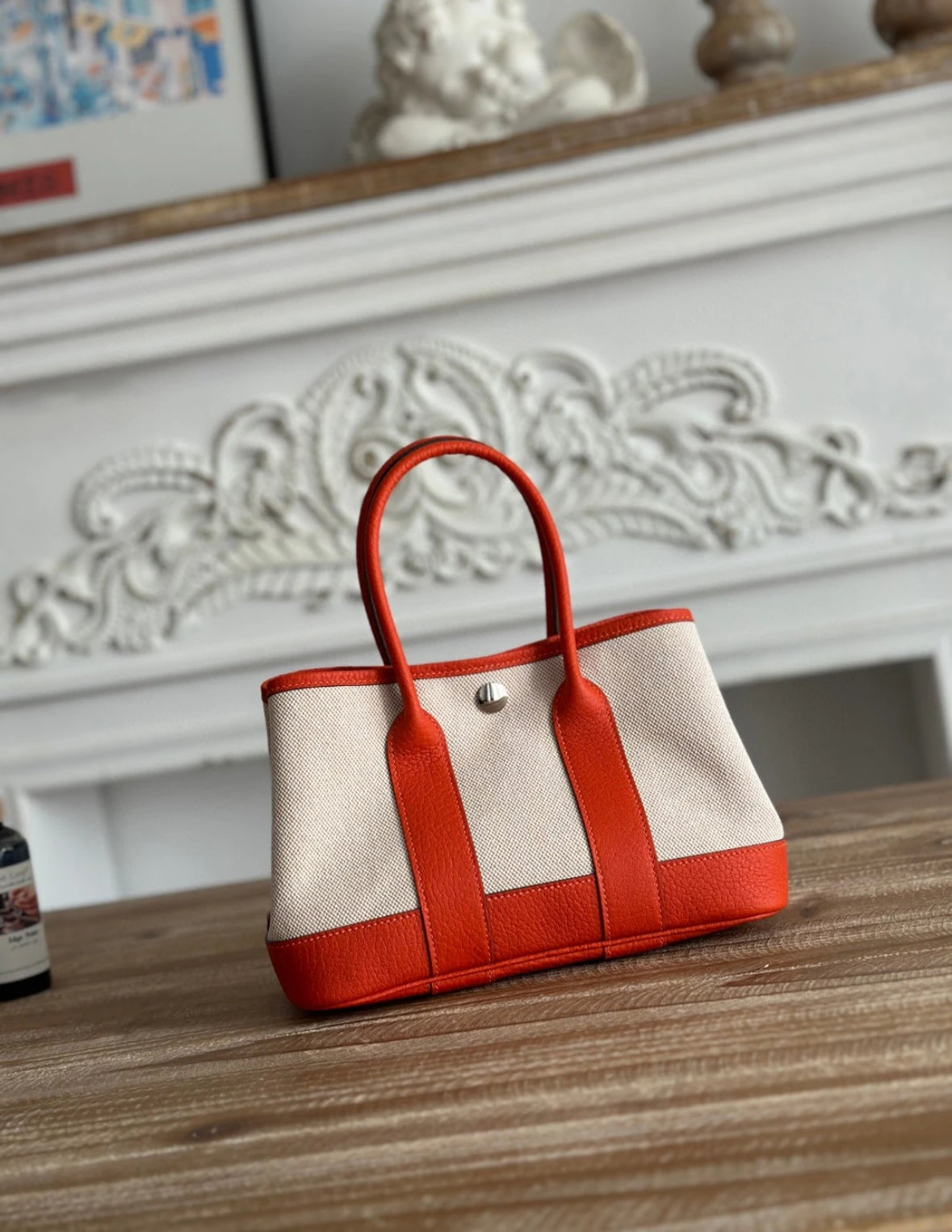 Hermes Mini garden party 橙色拼白色帆布 K stamp