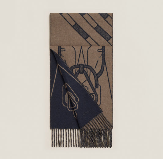 Hermes Tete-a-Tete Equestre scarf Bleu Marine / Étoupe