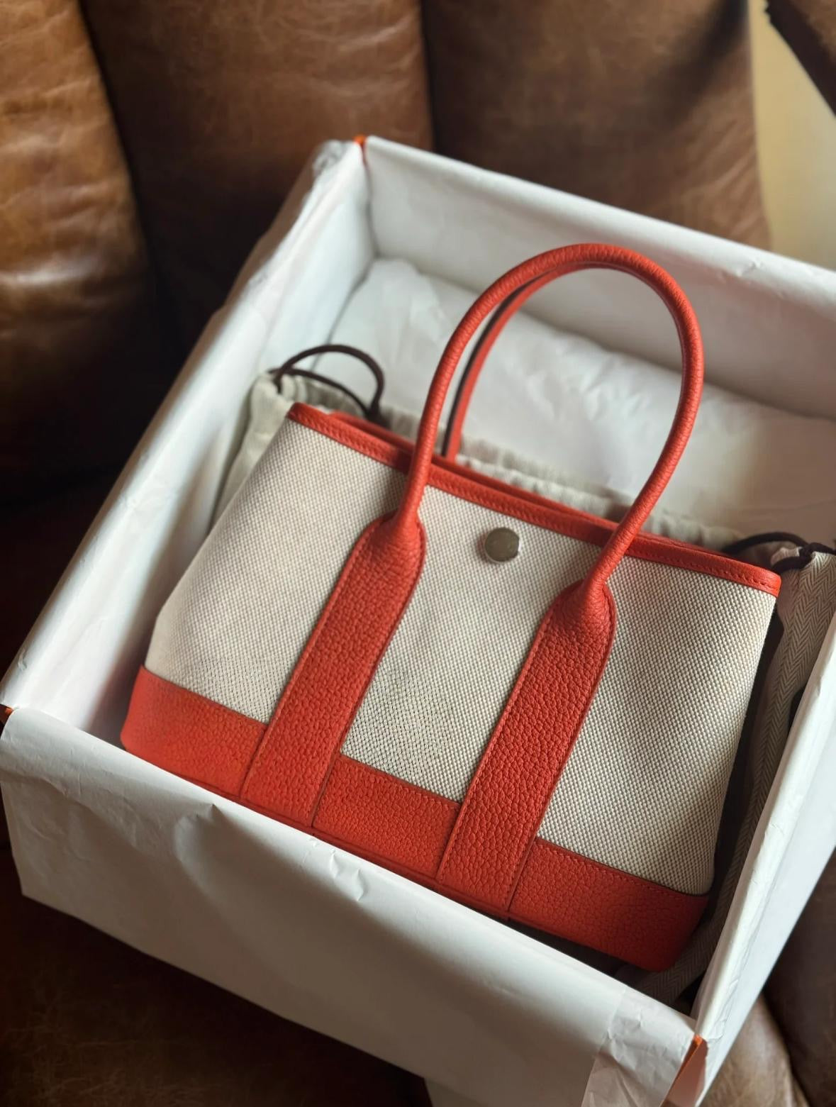 Hermes Mini garden party 橙色拼白色帆布 K stamp