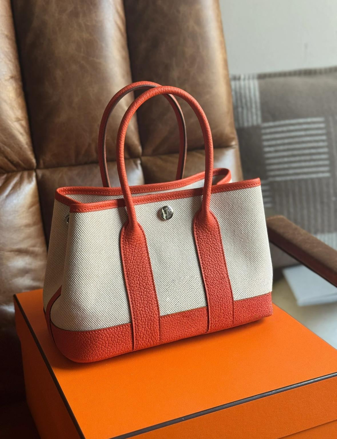 Hermes Mini garden party 橙色拼白色帆布 K stamp