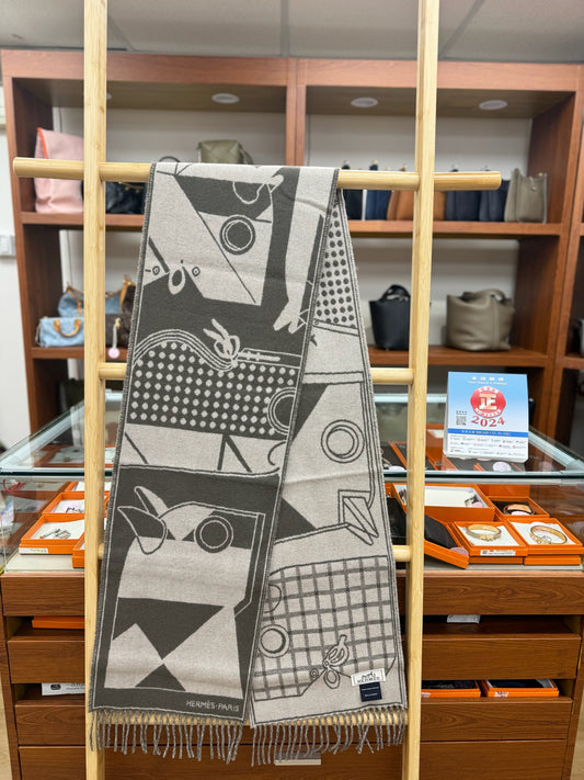 Hermes Camails Jacquard muffler Taupe / Lin
