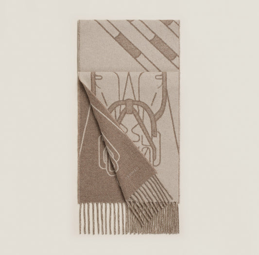 Hermes Tete-a-Tete Equestre scarf Taupe / Grège