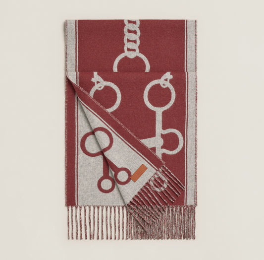 Hermes Casaque Mors scarf Gris Clair Chiné / Rouge H